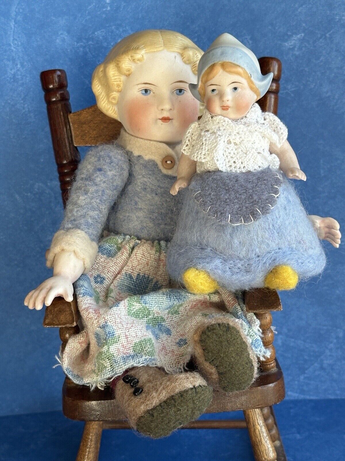 2 OOAK Antique German Parian Bisque Head Dolls Artist Redesign Felted Bodies