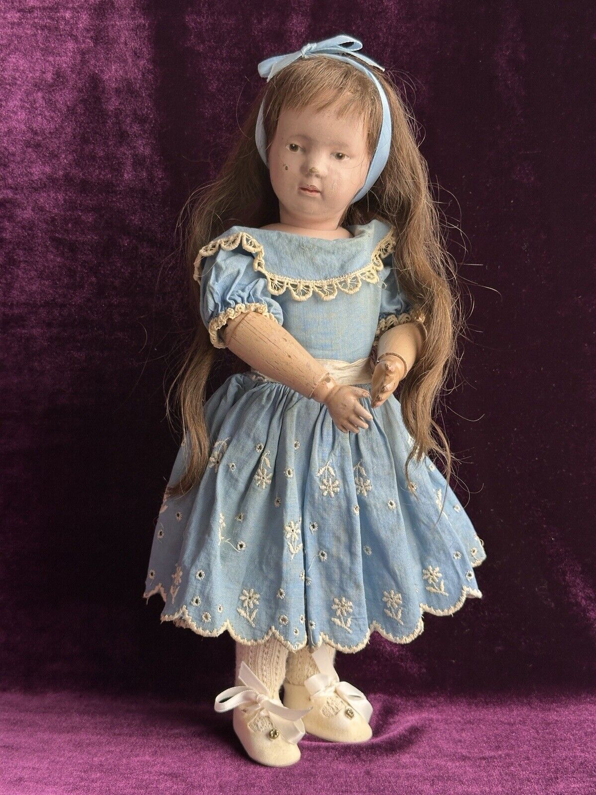 Antique 14” American Schoenhut Model 312 Wood Carved Spring Jointed Girl Doll