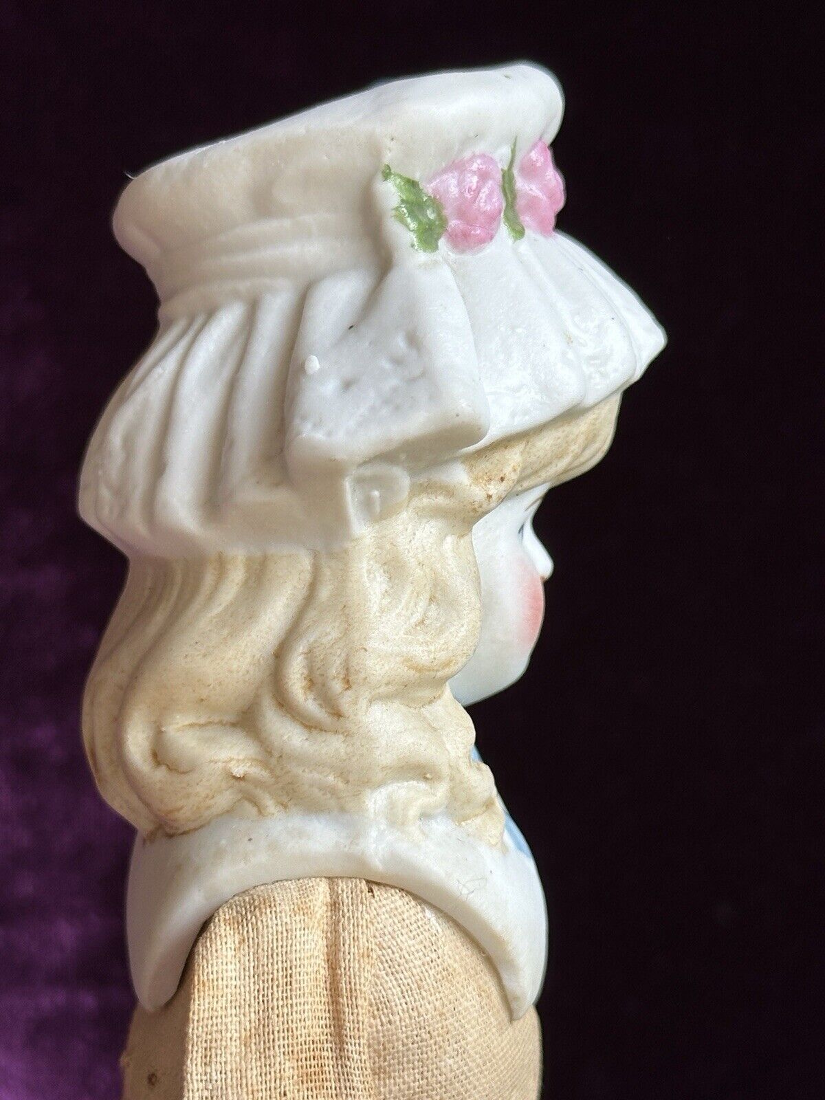 Antique German 11.5” Hertwig Molded Bonnet Bisque Head Parian Doll