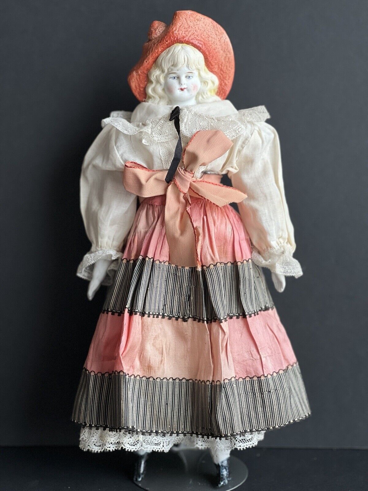 Antique German Hertwig 11.5” Molded Hat Bisque Shoulder Head Doll