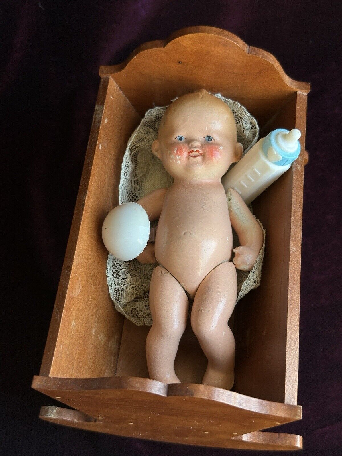 Antique German Miniature Hertwig (?) Bisque Baby Doll with Accessories