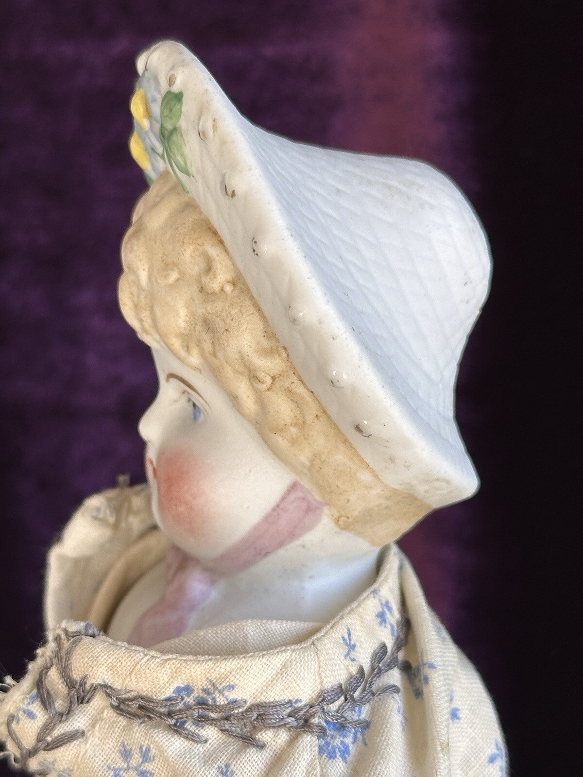 Antique German 12” Hertwig Molded Bonnet Parian Bisque Head China Doll