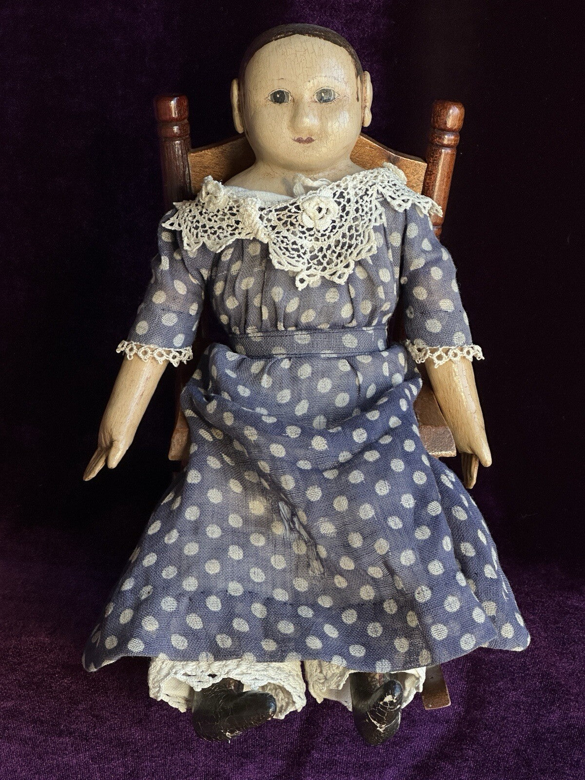 Miniature 11” Izannah Walker Style Oil Painted Cloth Doll by Lucille Breuer