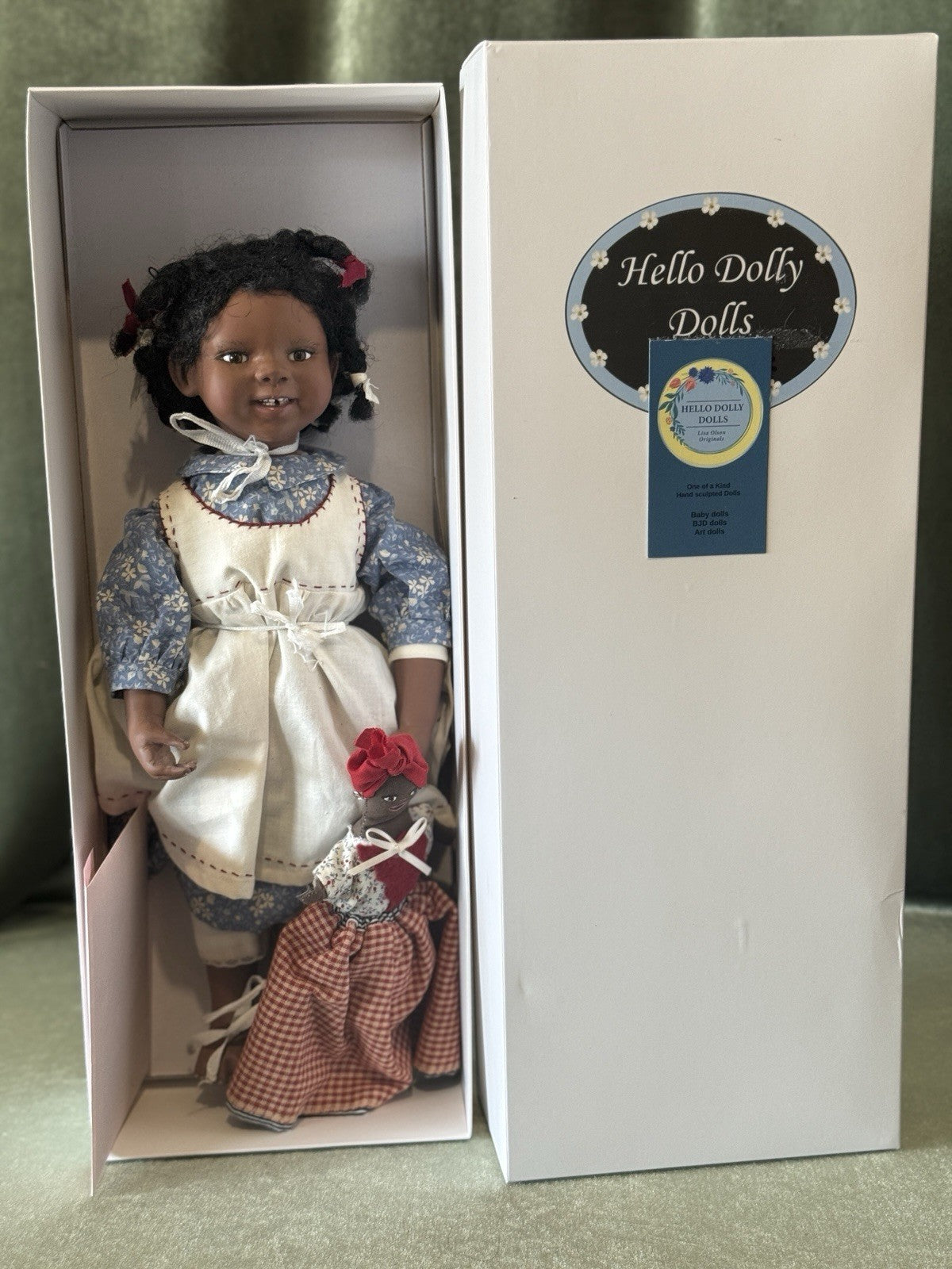 OOAK Artist Handmade Clay Stockinette 15” Doll “Eliza” with Topsy Turvy Doll Box