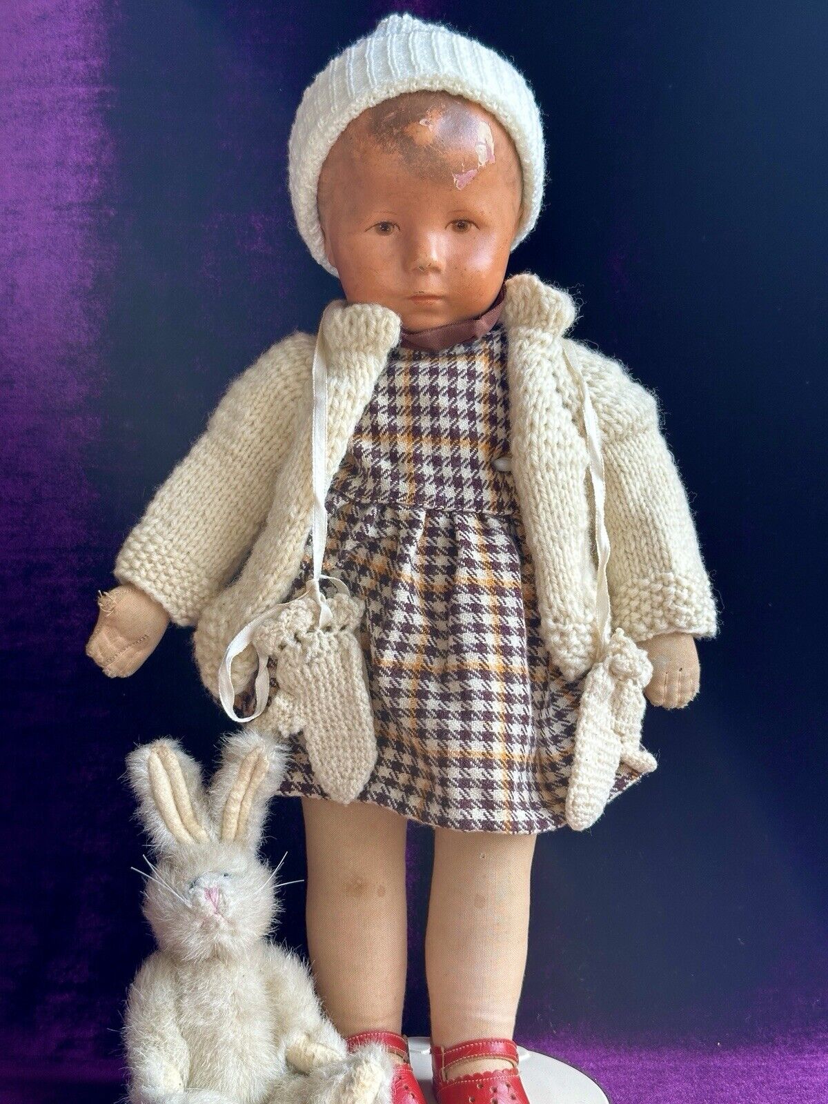 Antique German 18” Early Kathe Kruse Hampelchen Cloth Doll with Button + Extras