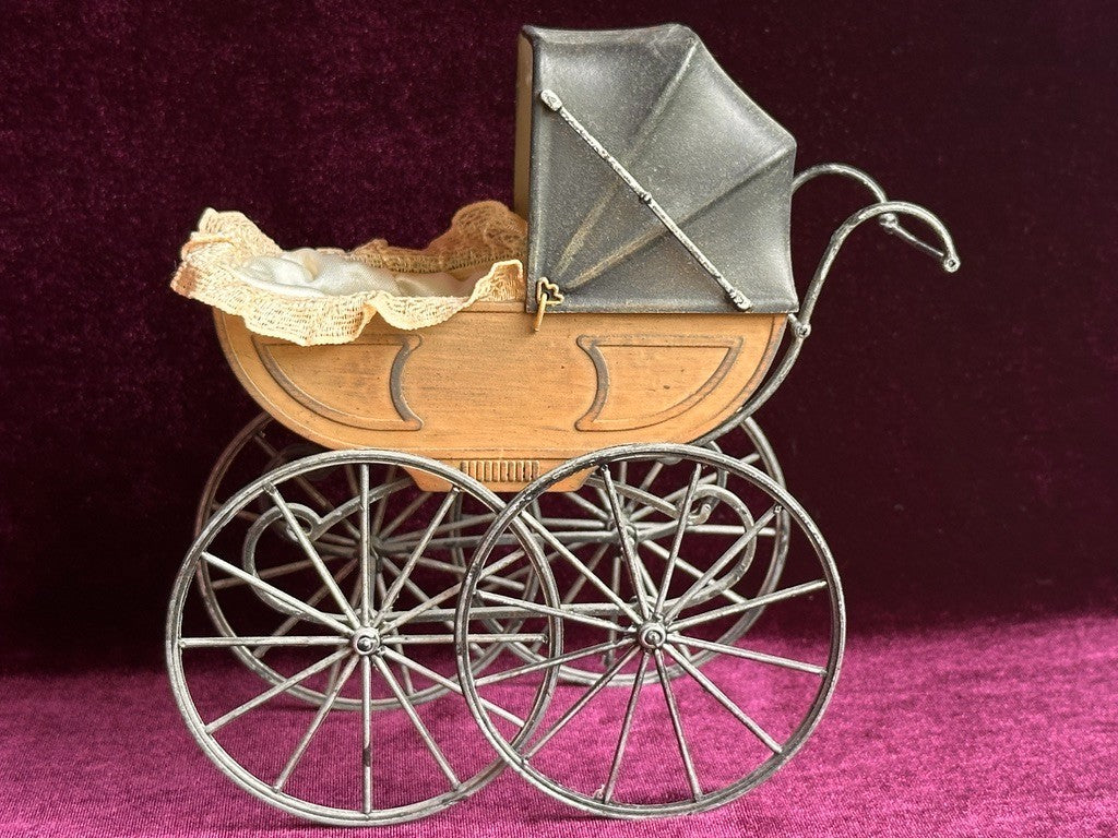 Antique German Miniature All Bisque Limbach Baby Doll in Victorian Pram/Carriage