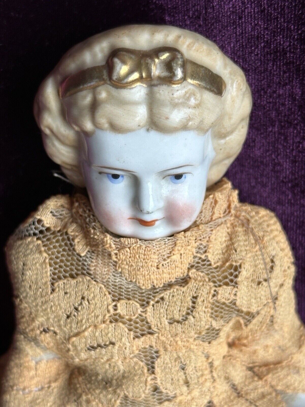 Rare Antique German 6.75” Frozen Charlotte Painted Gold Molded Bow Doll