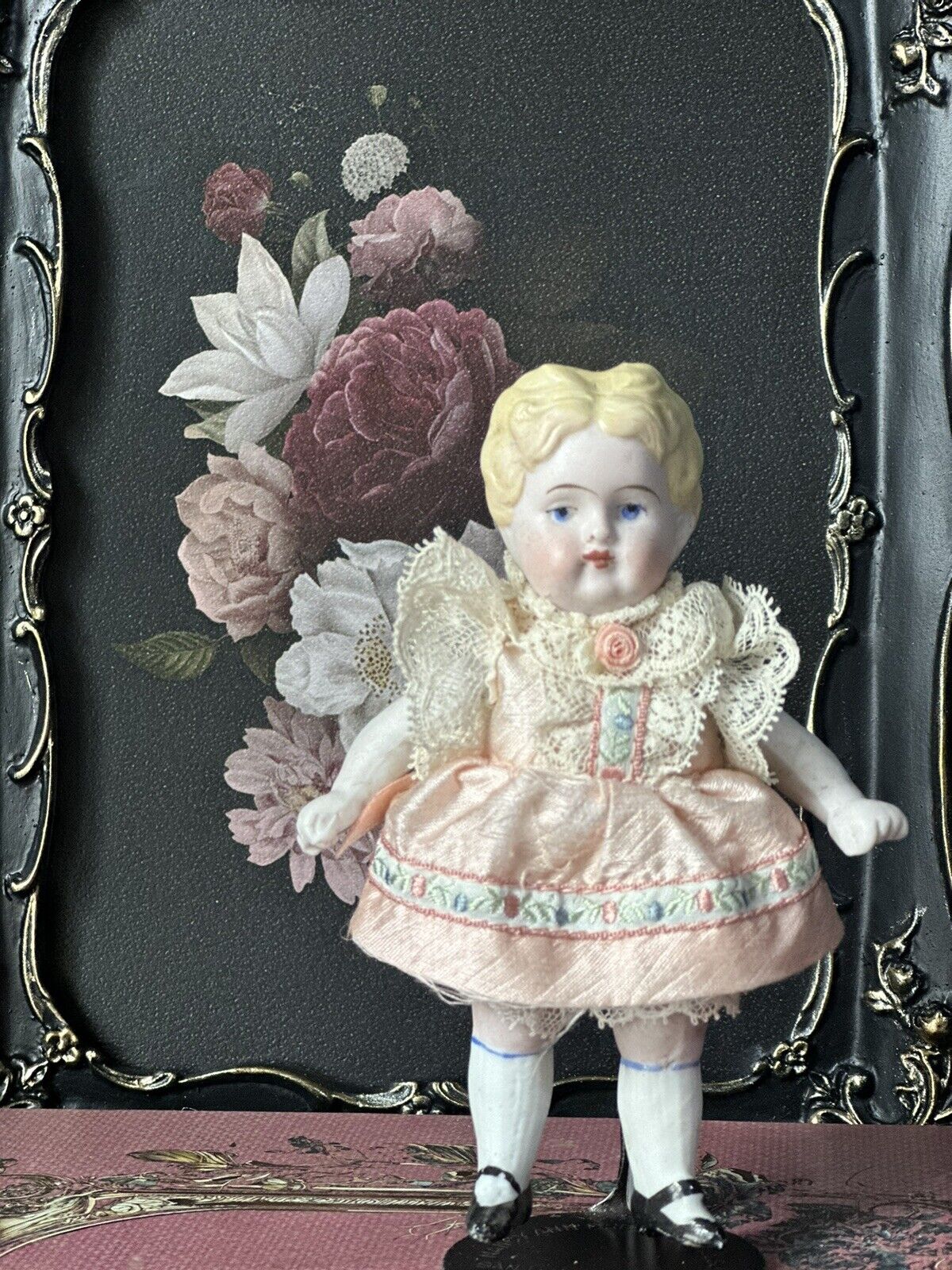 Antique German Bisque 4 3/4” Mignonette Girl Doll Dollhouse Cabinet Size