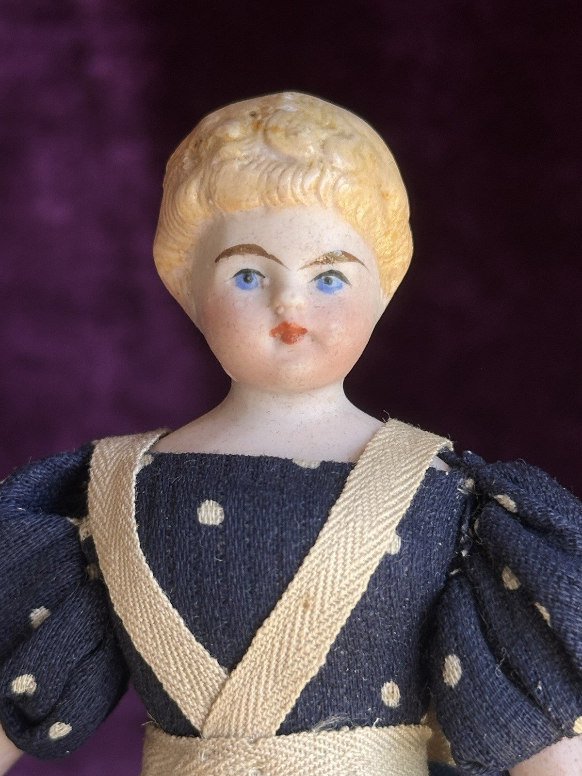 Antique German 5.85” Bisque Cloth Miniature Dollhouse Parian Doll