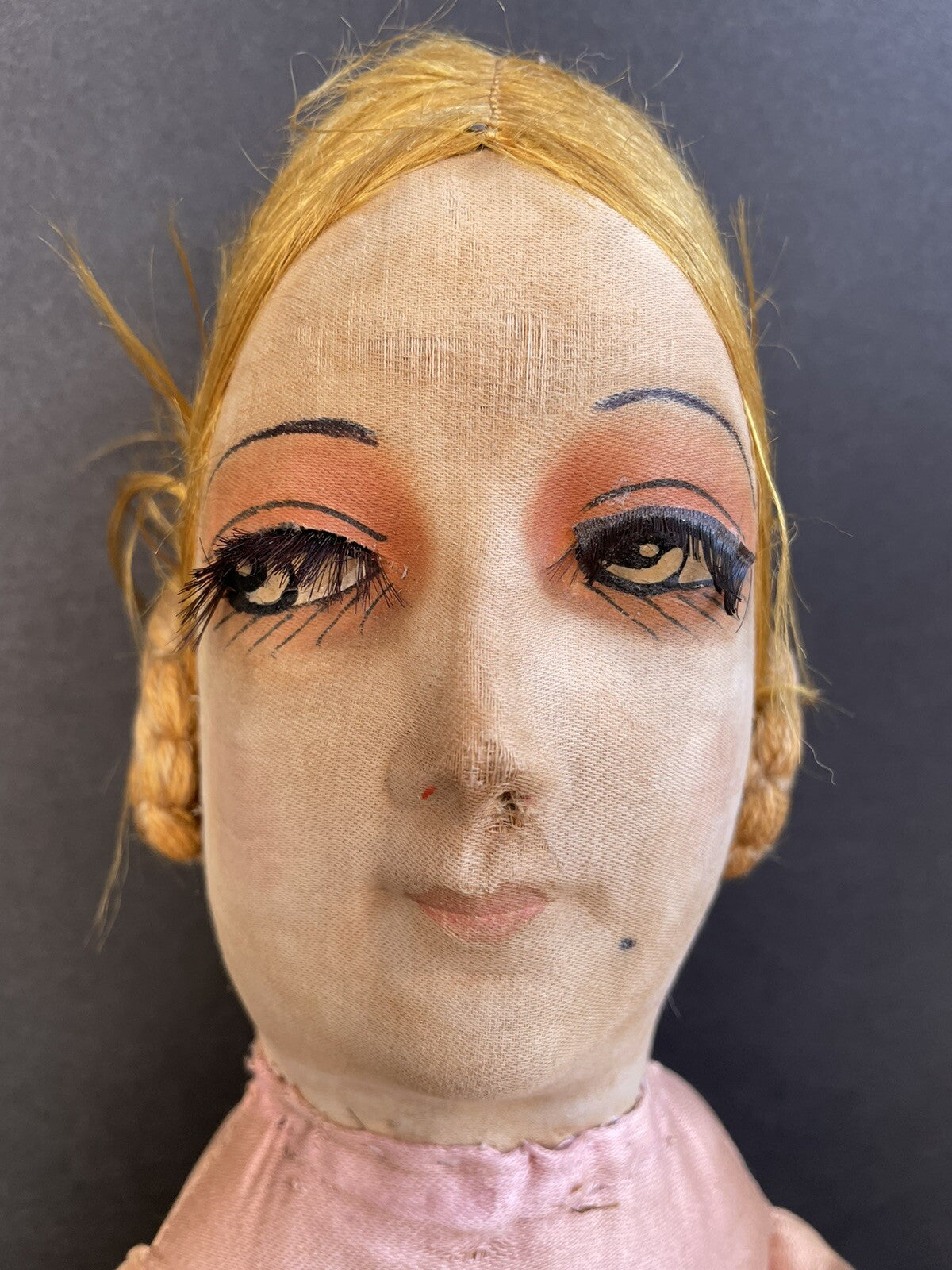 Antique Art Deco 30” French Boudoir Flapper Cloth Face Mask Doll