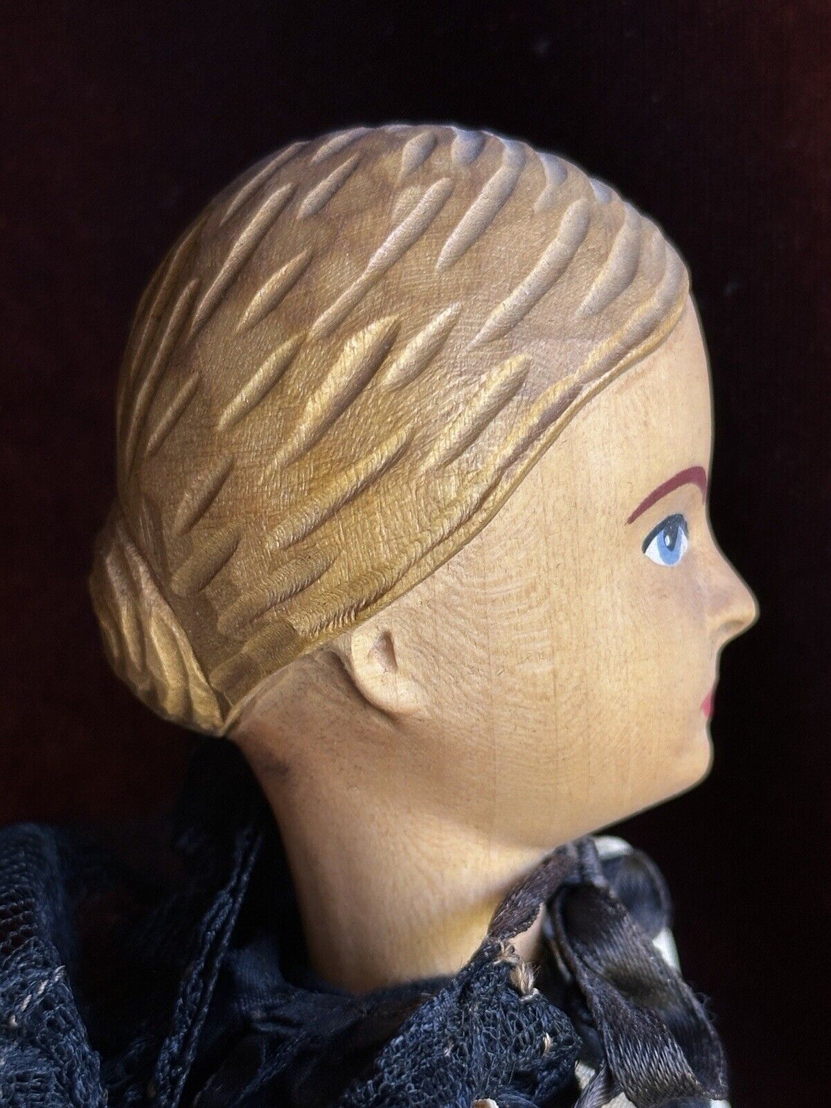 Vintage 10” Swiss Huggler Wood Carved Doll with Original Tag
