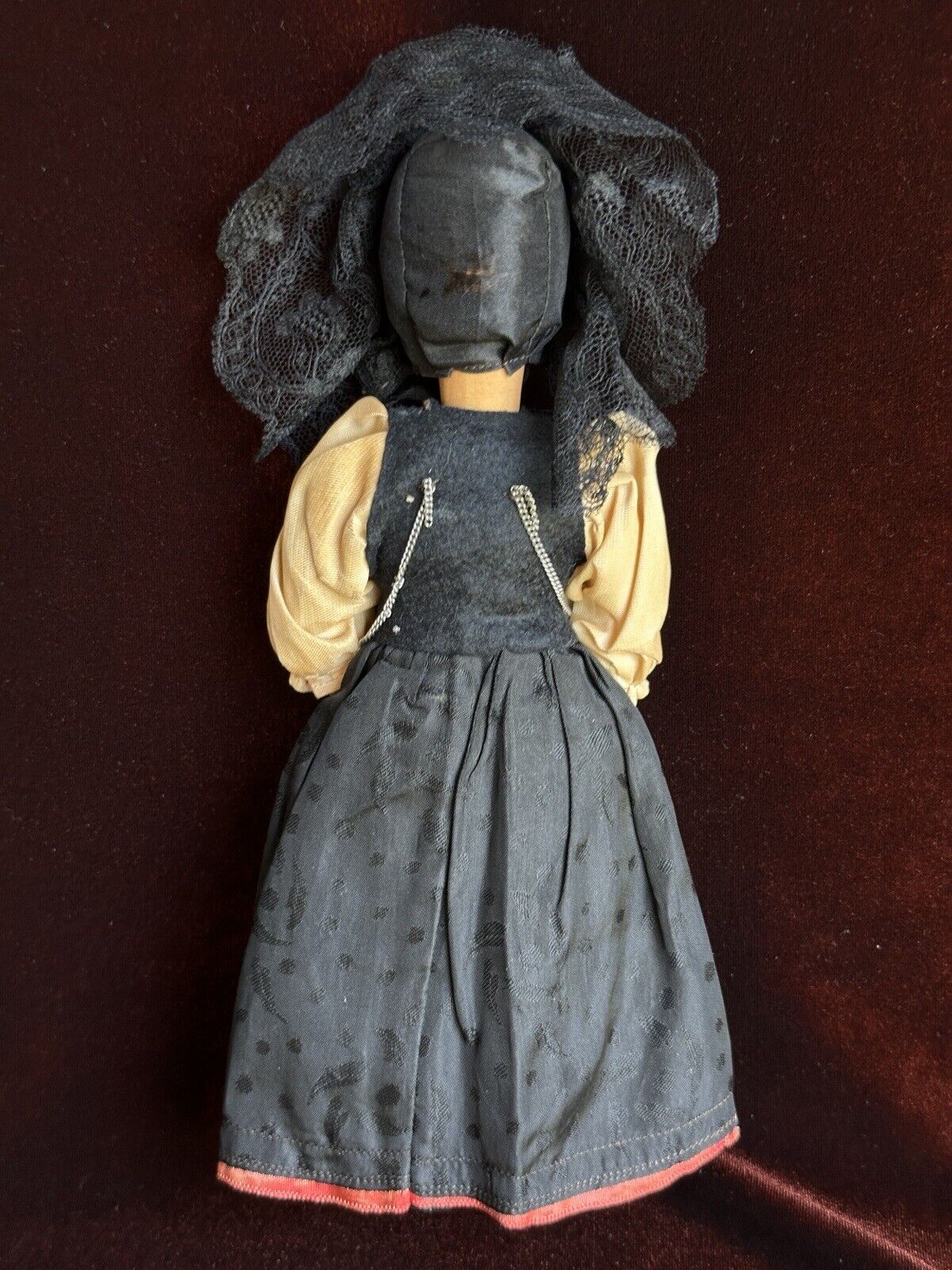 Vintage 10” Swiss Huggler Wood Carved Doll with Original Tag