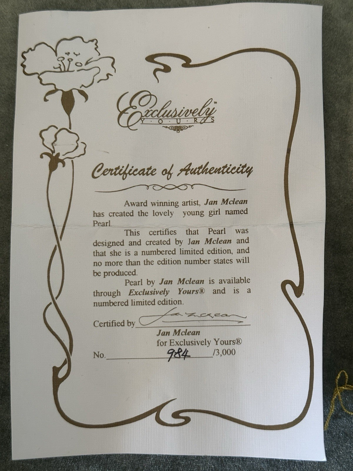 Jan Mclean 1999 23" Porcelain Doll “Pearl” Tag & COA For Exclusively Yours