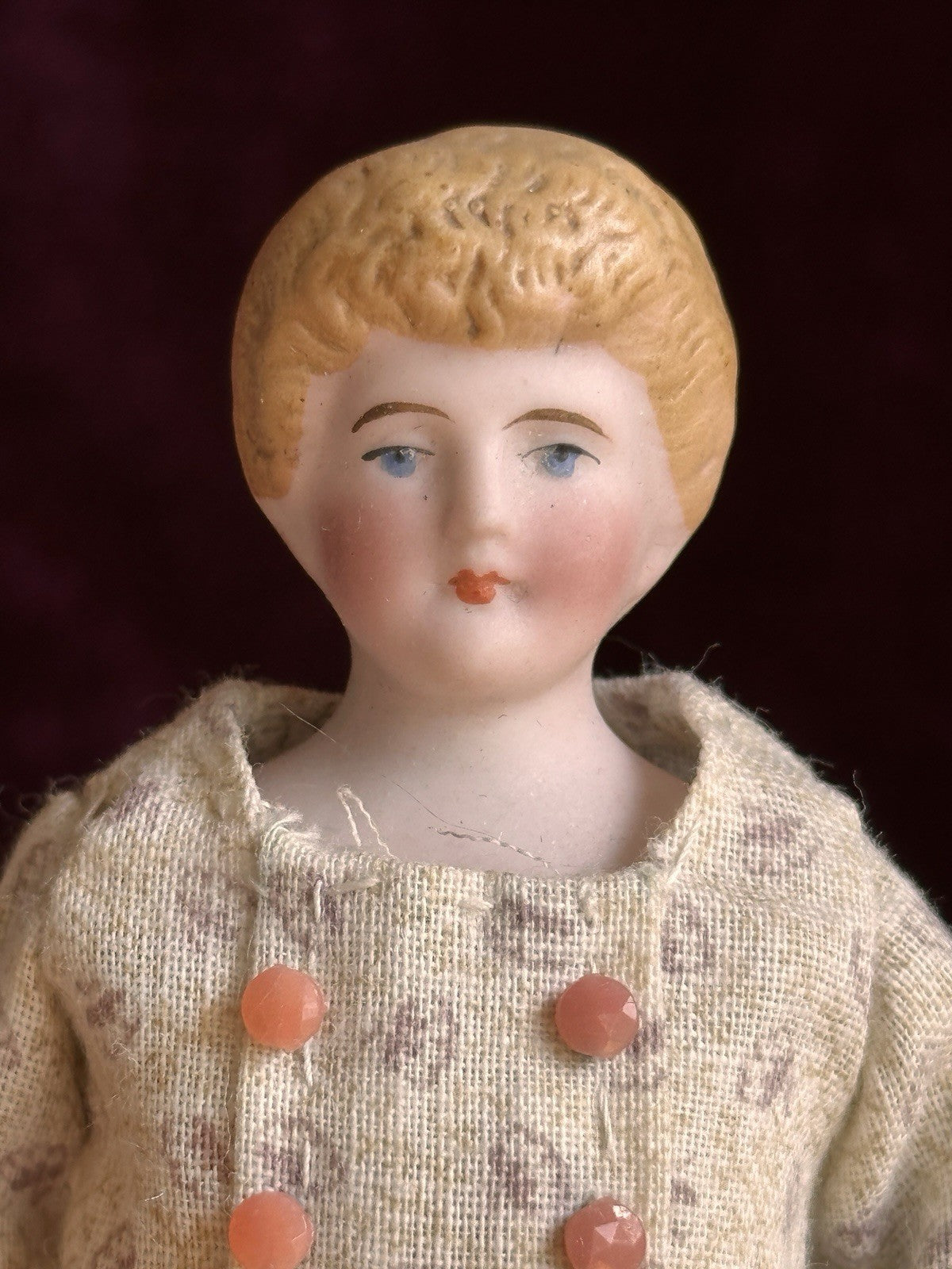 Antique German 5.75” Bisque Cloth Miniature Dollhouse Parian Doll with Bun