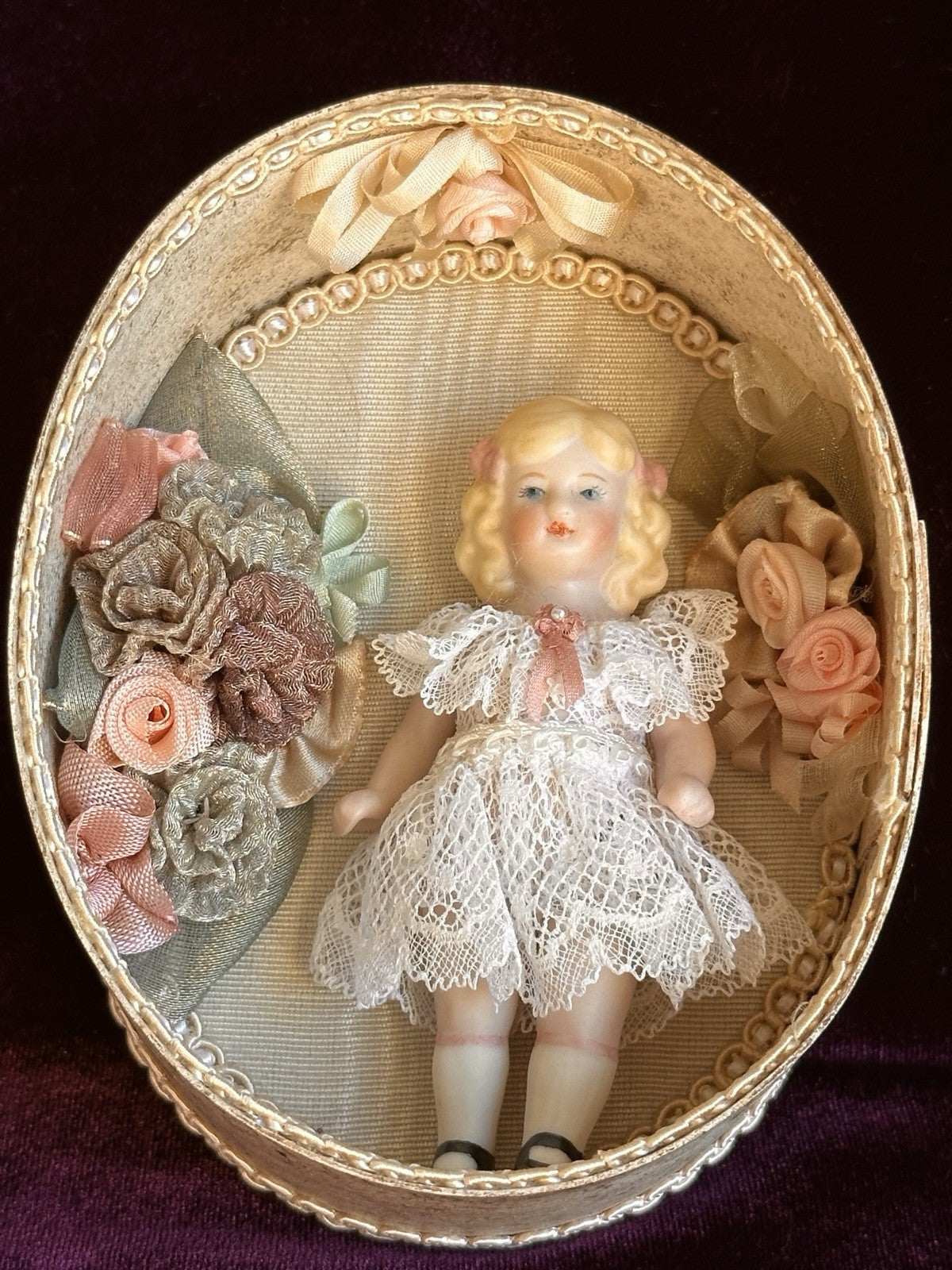 All Porcelain 3.75” Repro of Antique German Girl Doll in Presentation Box