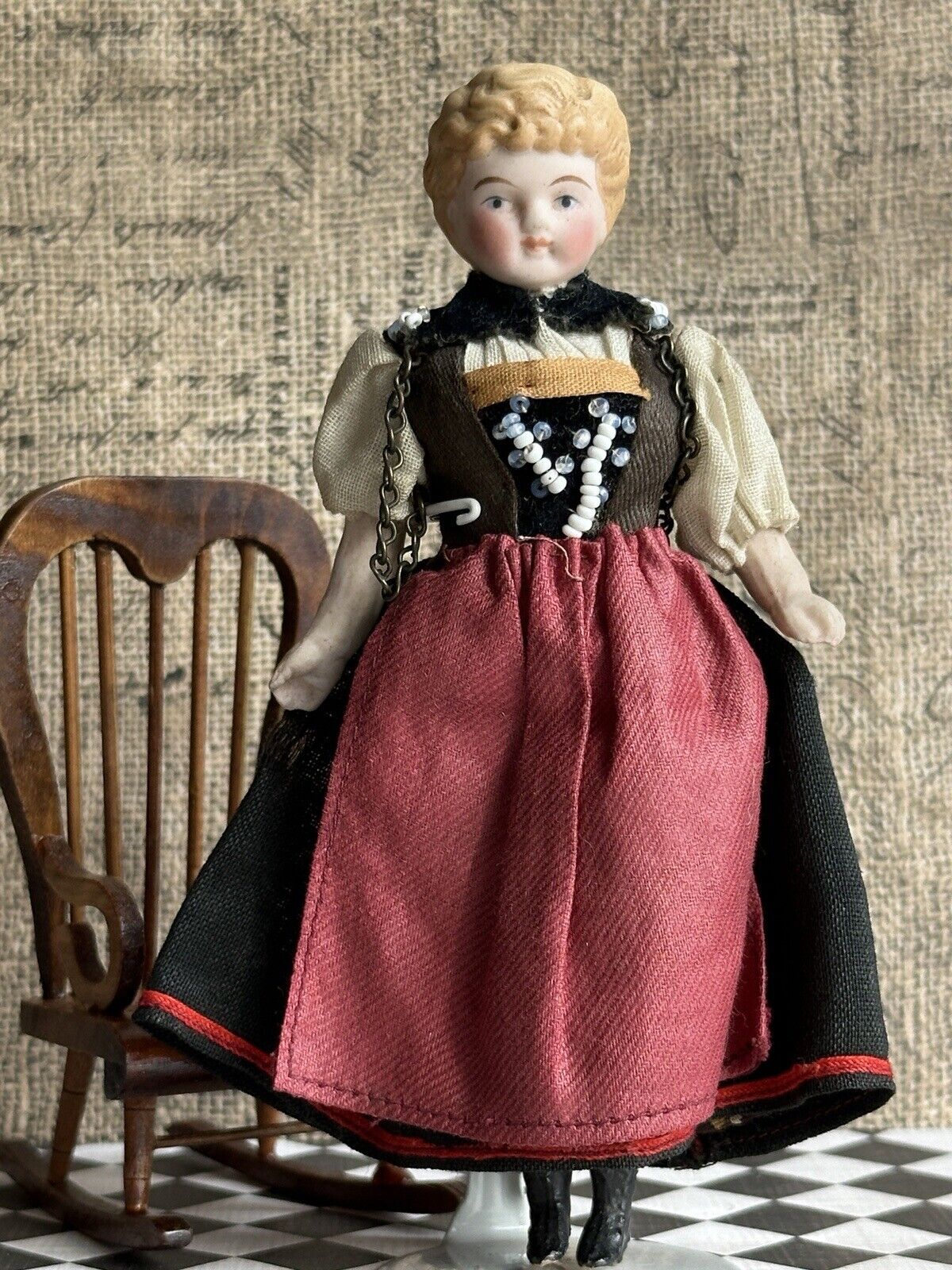 Antique German Miniature Dollhouse 5.75” Bisque Head Parian Girl Doll