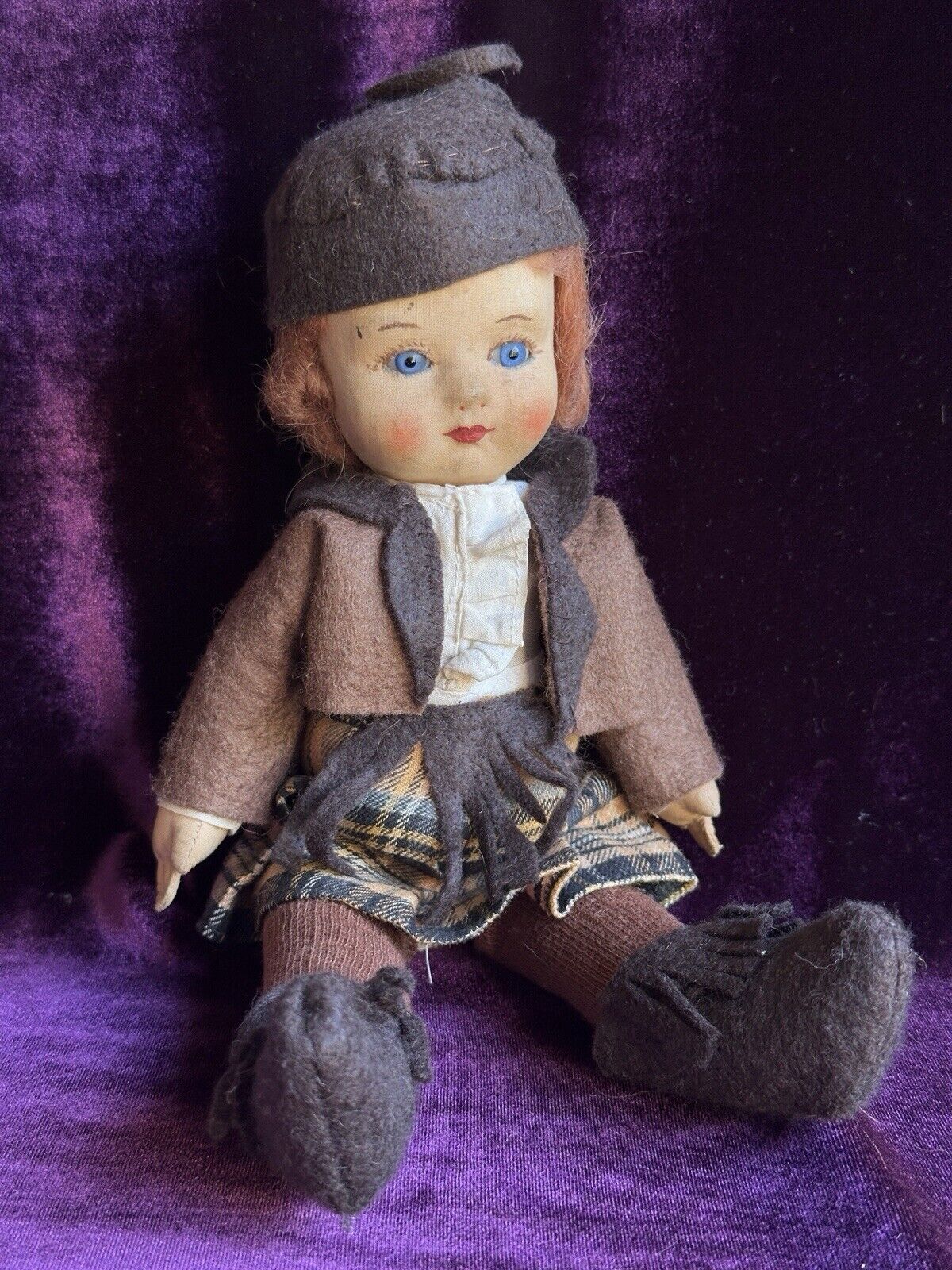 Vintage Early English 12” Chad Valley Hygienic Cloth Girl Doll with Glass Eyes