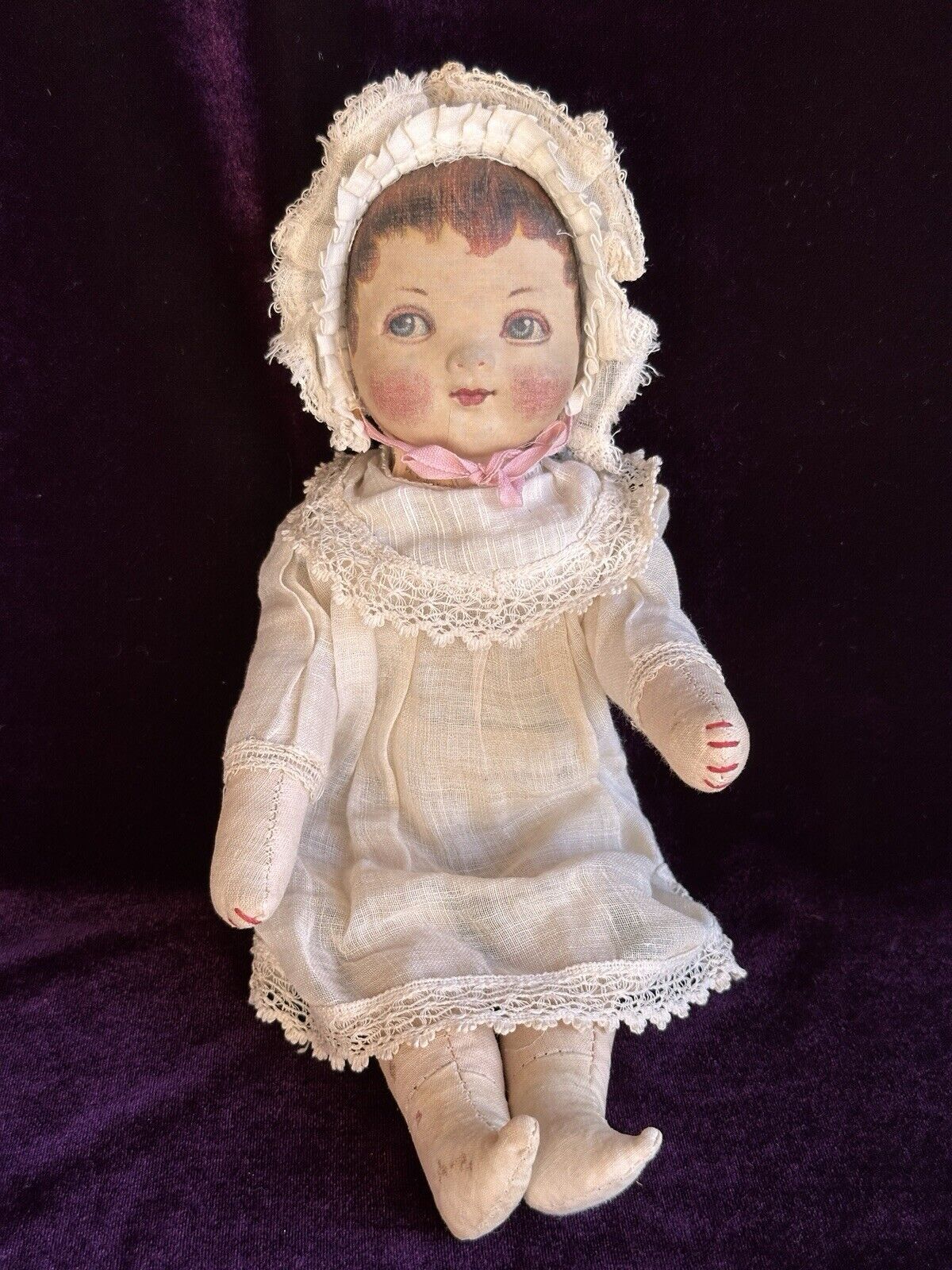 Antique American 12” Bruckner Lithograph Hard Mask Cloth Rag Doll