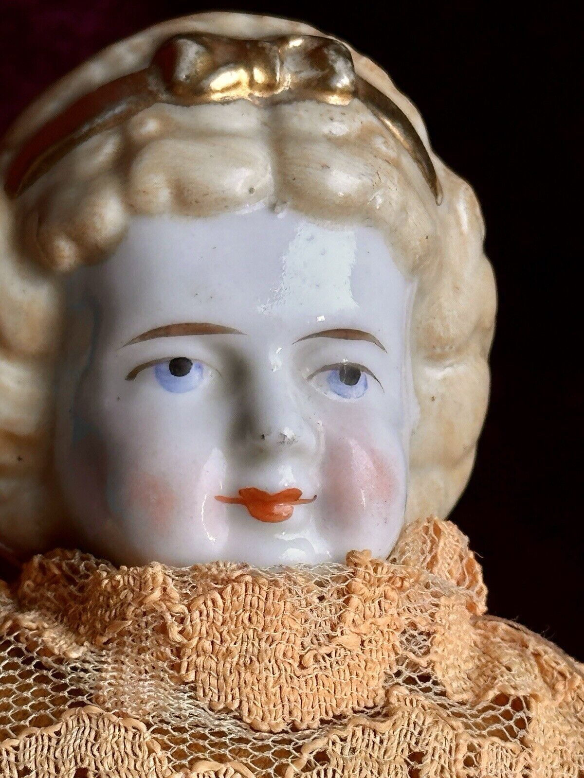 Rare Antique German 6.75” Frozen Charlotte Painted Gold Molded Bow Doll