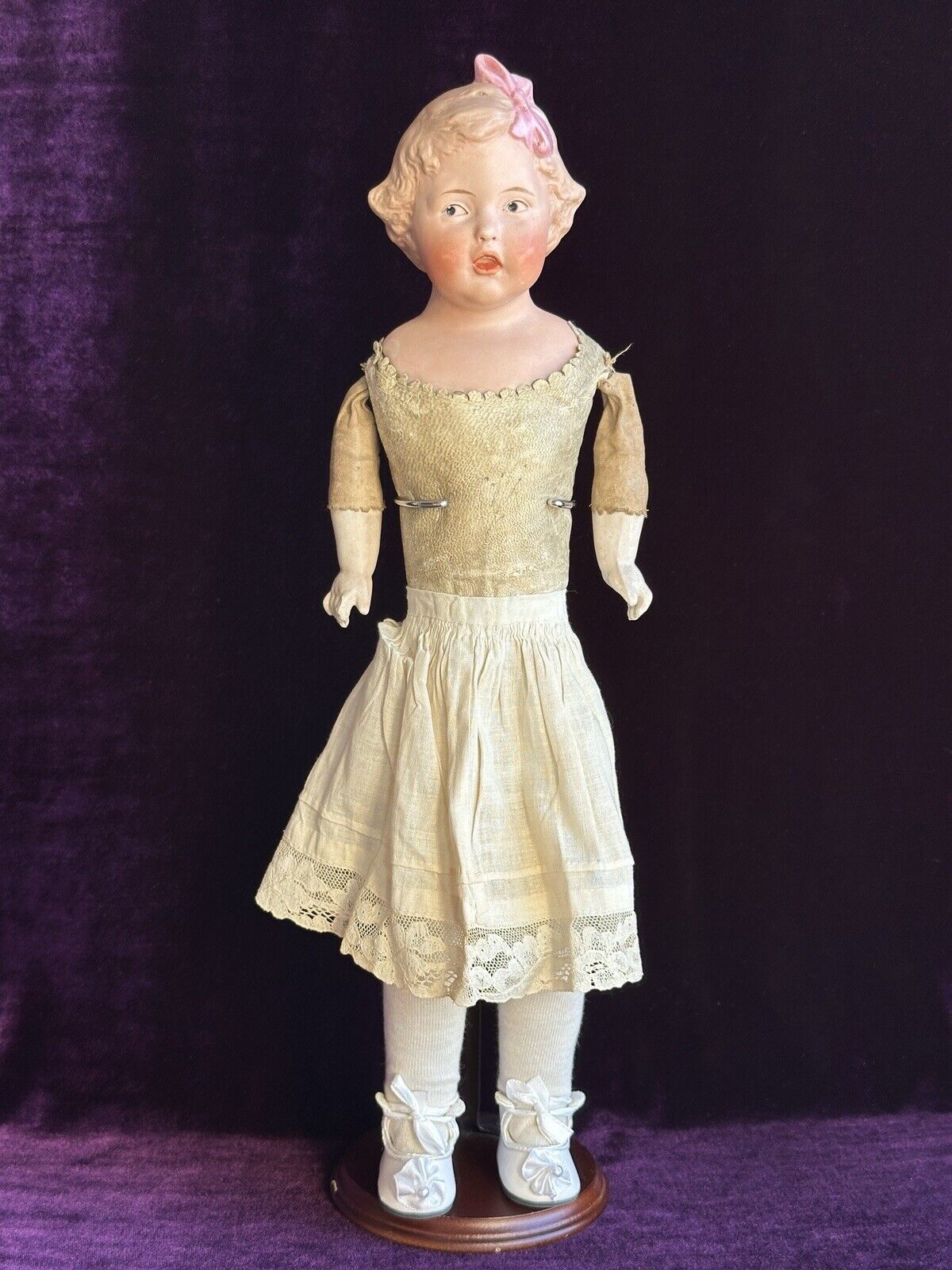 Rare Antique German Gebruder Heubach 7851 Pink Bow Bisque Head Girl Doll