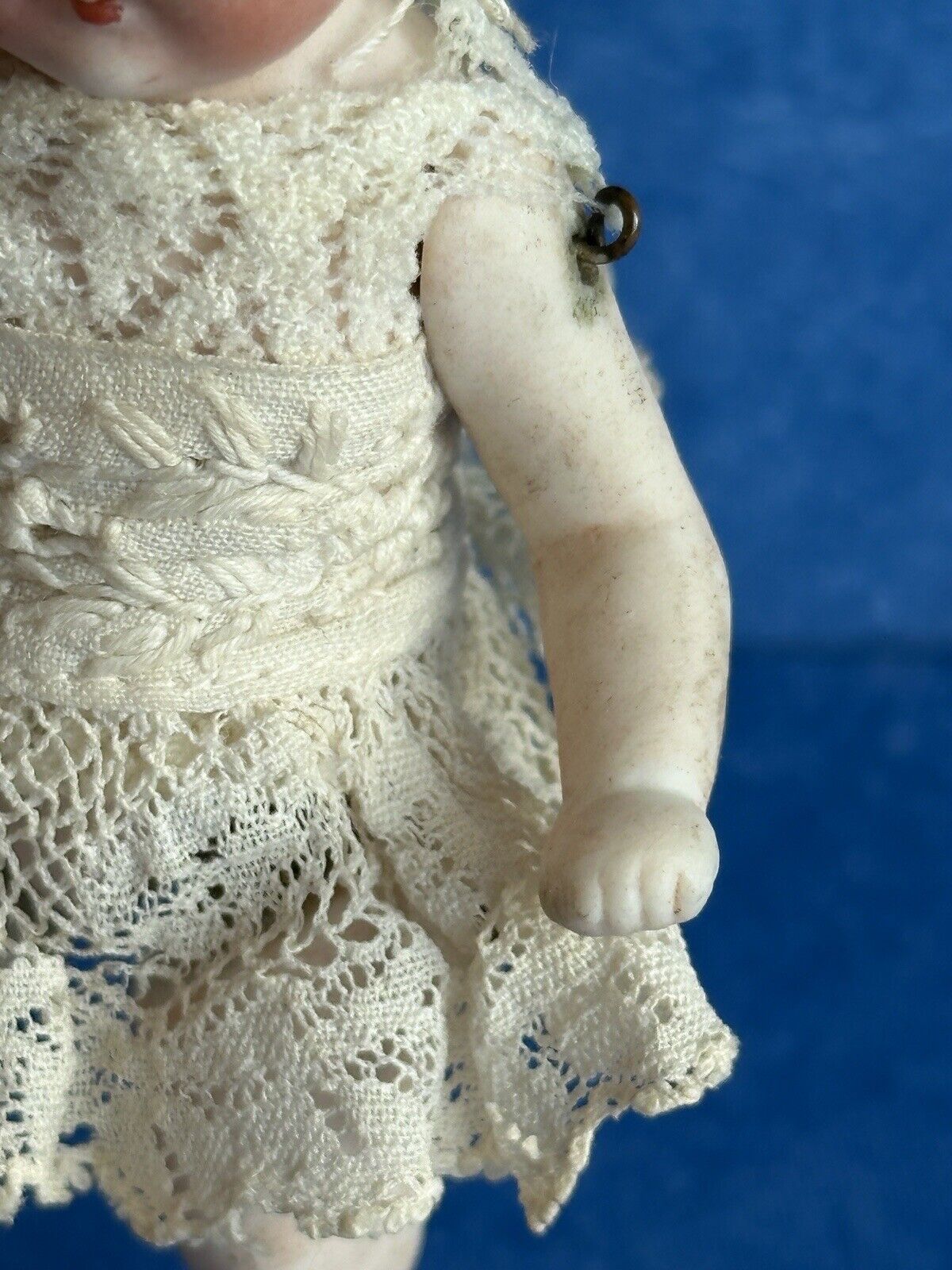 Antique German 3.75” Miniature All Bisque Parian Molded Hair Baby Doll