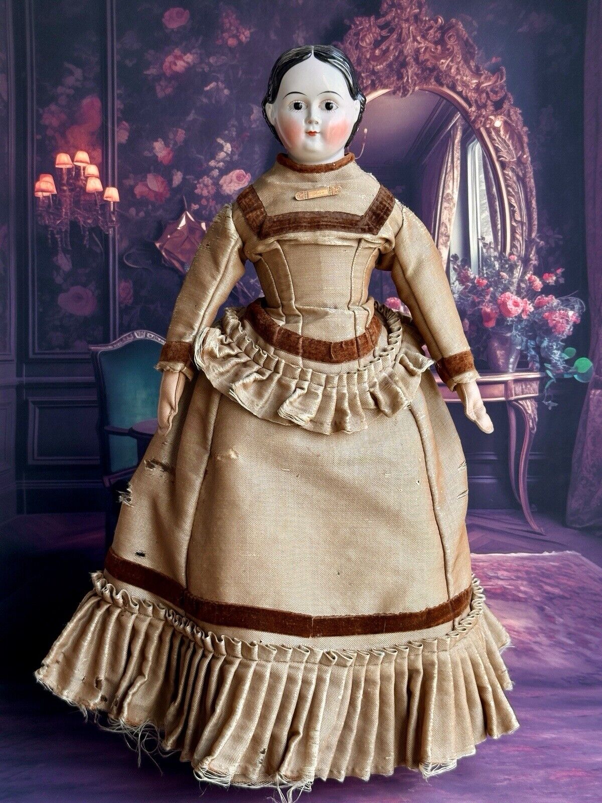 Rare Antique German 21” Covered Wagon China Doll with Glass Eyes