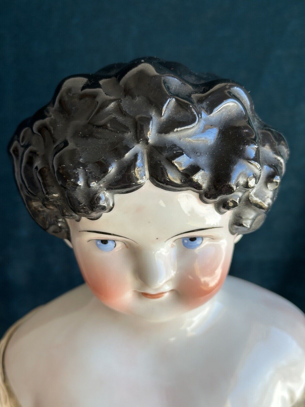 Antique German 26” Dolly Madison China Shoulder Head Doll with Molded Bow