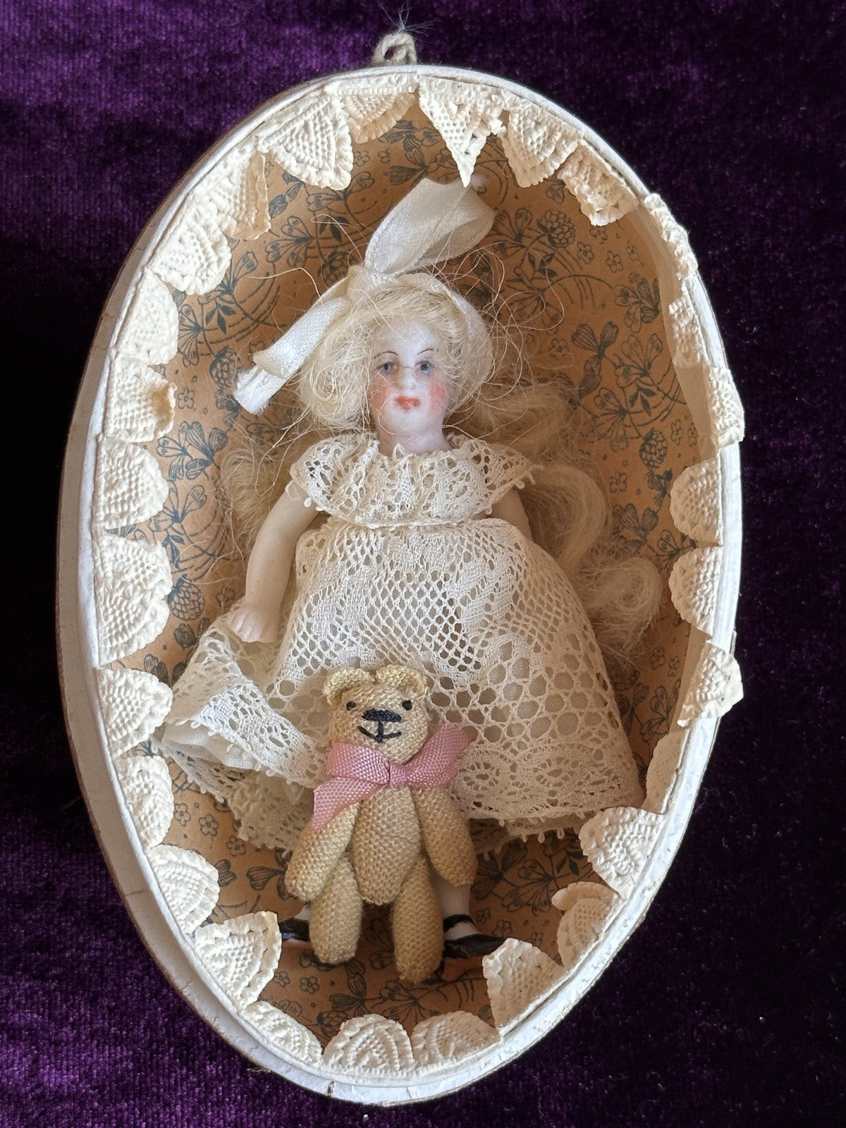 Antique German Easter Egg with All Bisque Miniature 3.25” Mignonette Doll