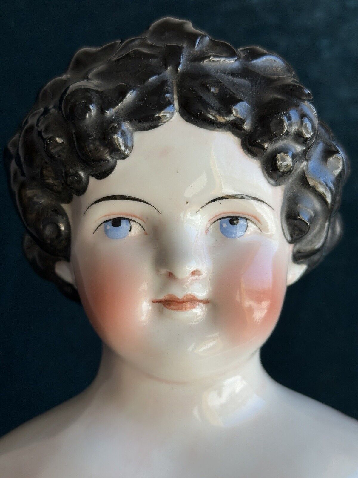 Antique German 26” Dolly Madison China Shoulder Head Doll with Molded Bow