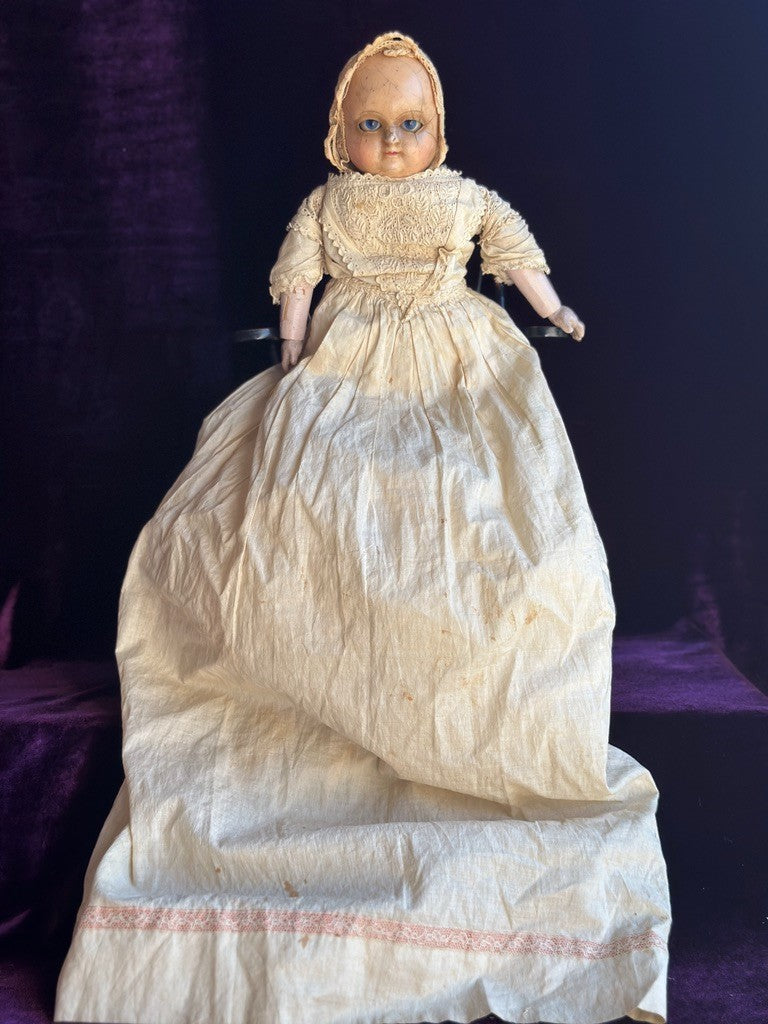 Antique 13.5” Motschmann Type Taufling Body Wax Over Papier Mache Bebe Doll
