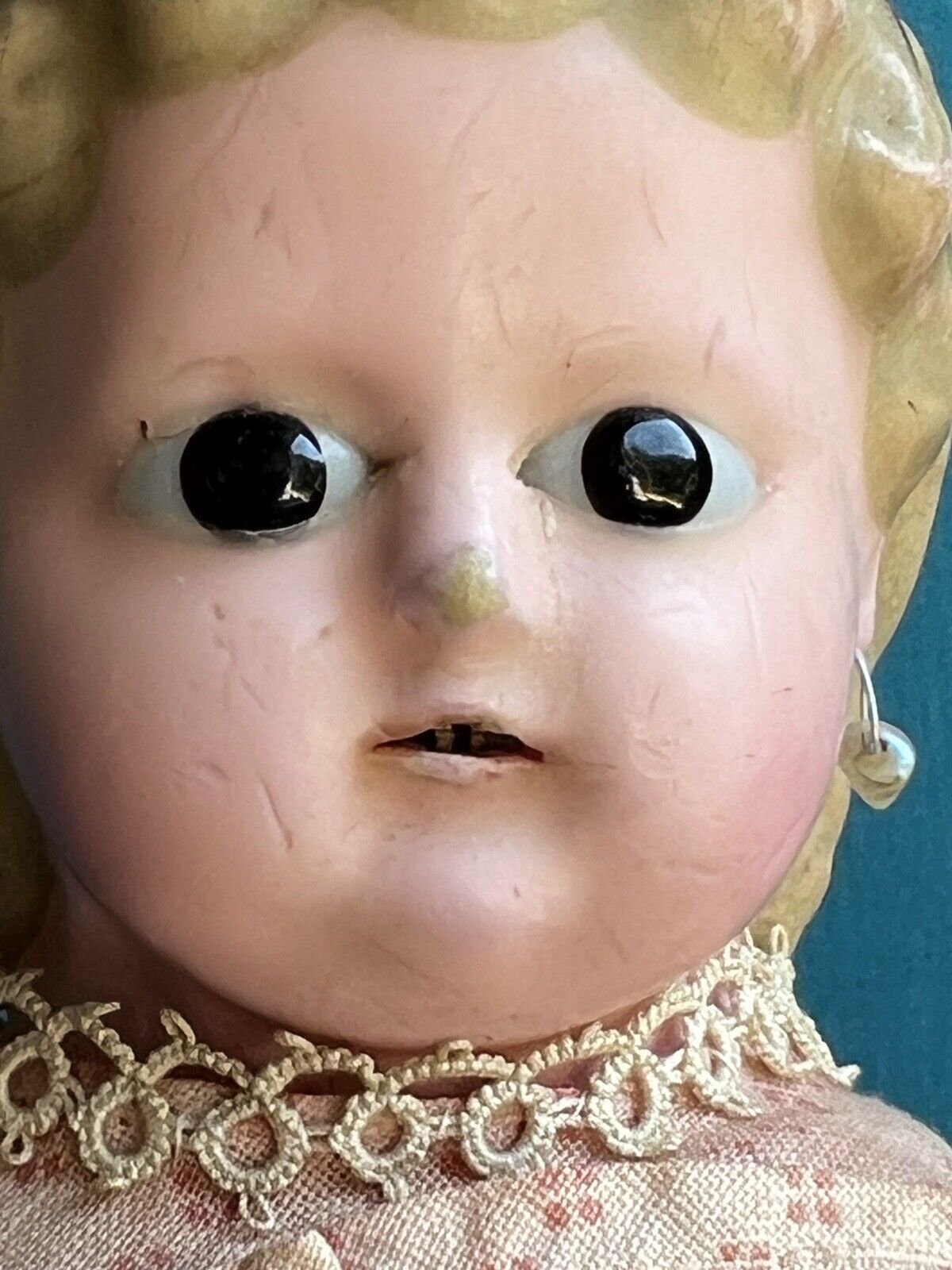 Antique German 13.5” Wax Over Papier Mache Pumpkin Head Pierced Ears Doll