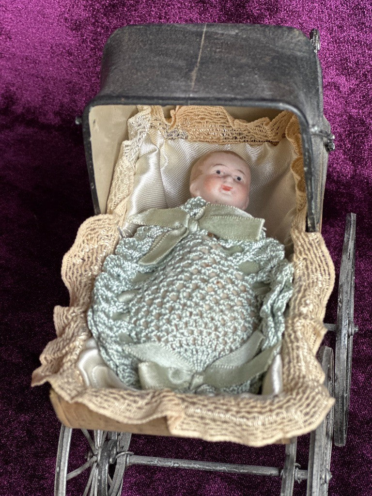 Antique German Miniature All Bisque Limbach Baby Doll in Victorian Pram/Carriage