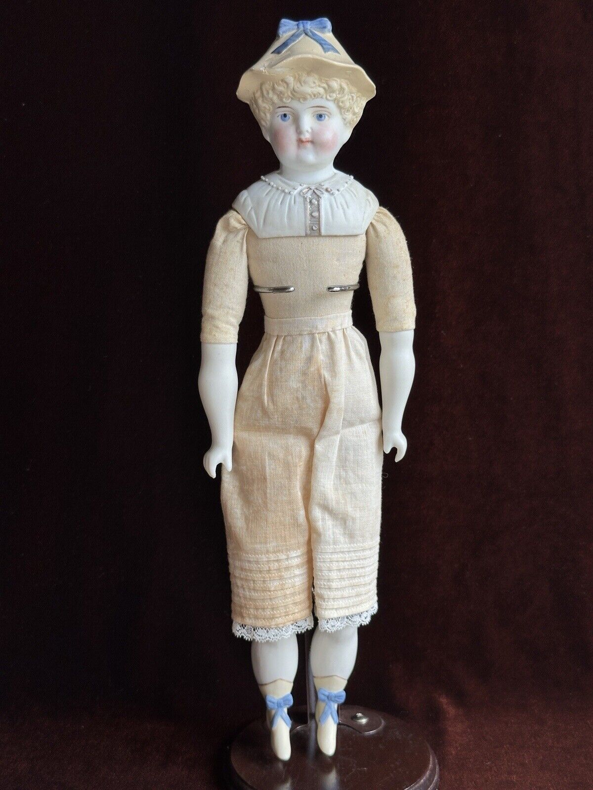 Antique German Hertwig 14” Molded Hat Parian Bisque Shoulder Head Doll