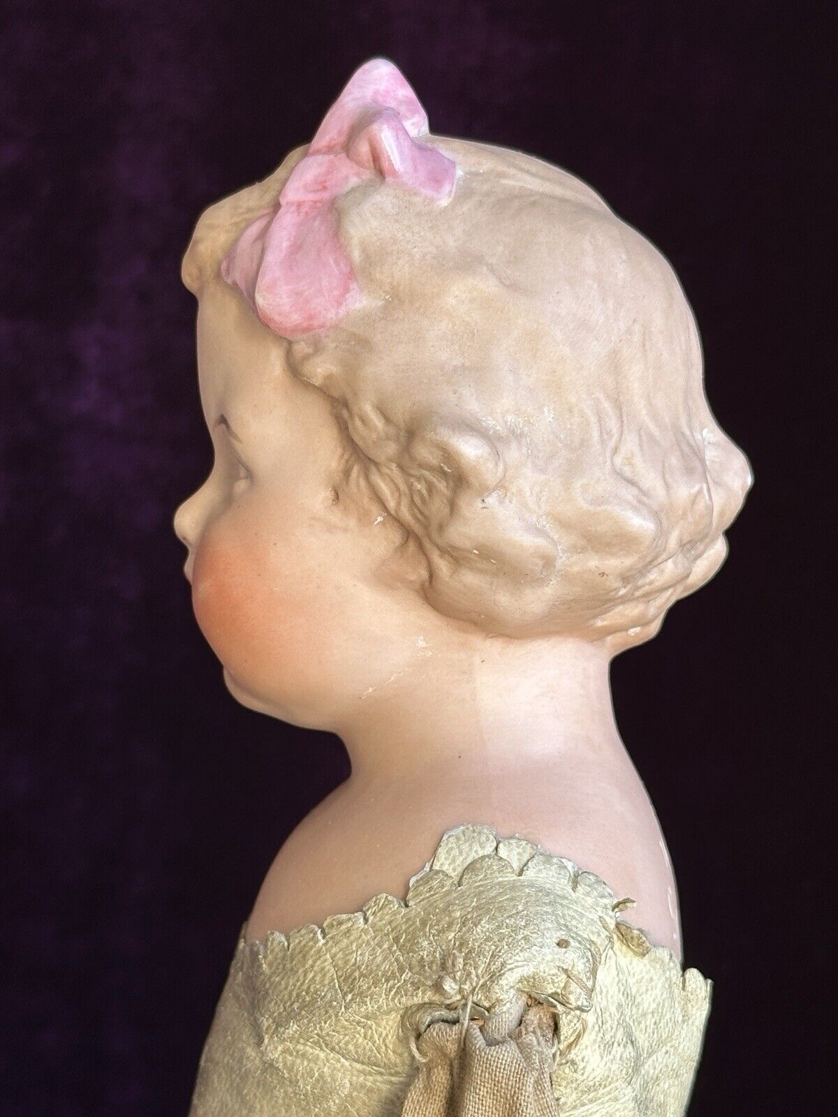 Rare Antique German Gebruder Heubach 7851 Pink Bow Bisque Head Girl Doll