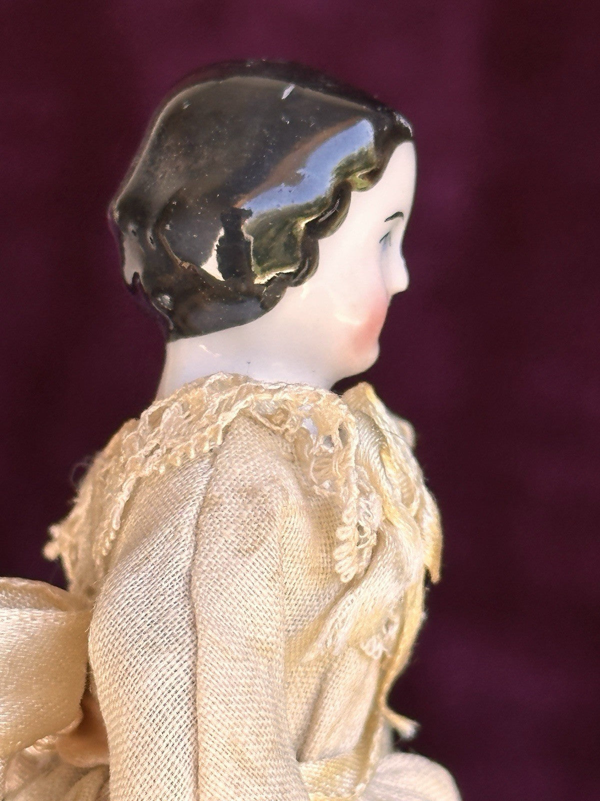 Antique German 4.5” Flat Top Bisque Cloth Miniature Dollhouse China Doll
