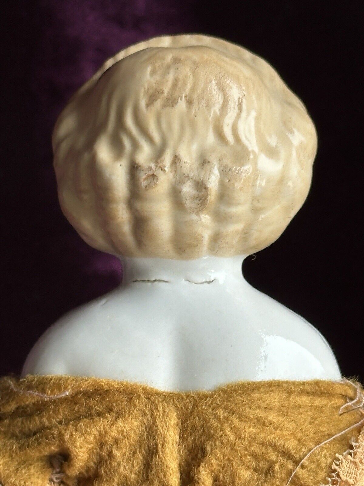 Rare Antique German 6.75” Frozen Charlotte Painted Gold Molded Bow Doll