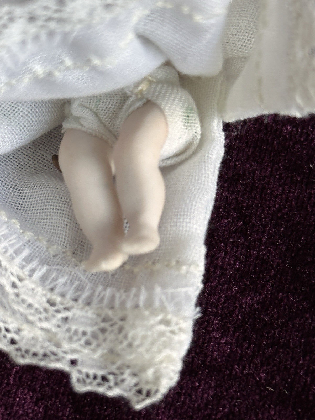 All Porcelain Signed Miniature Hilda (?) Dollhouse Baby Doll in Metal Buggy