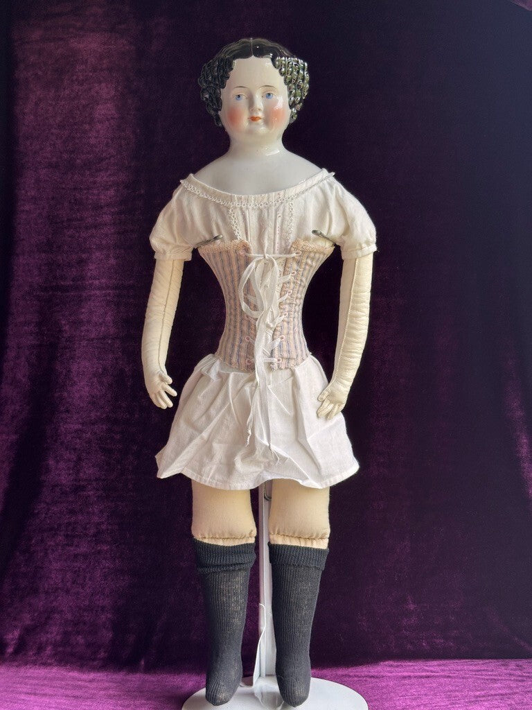 Large Antique German 26" Flat Top Highbrow China Shoulder Head Doll