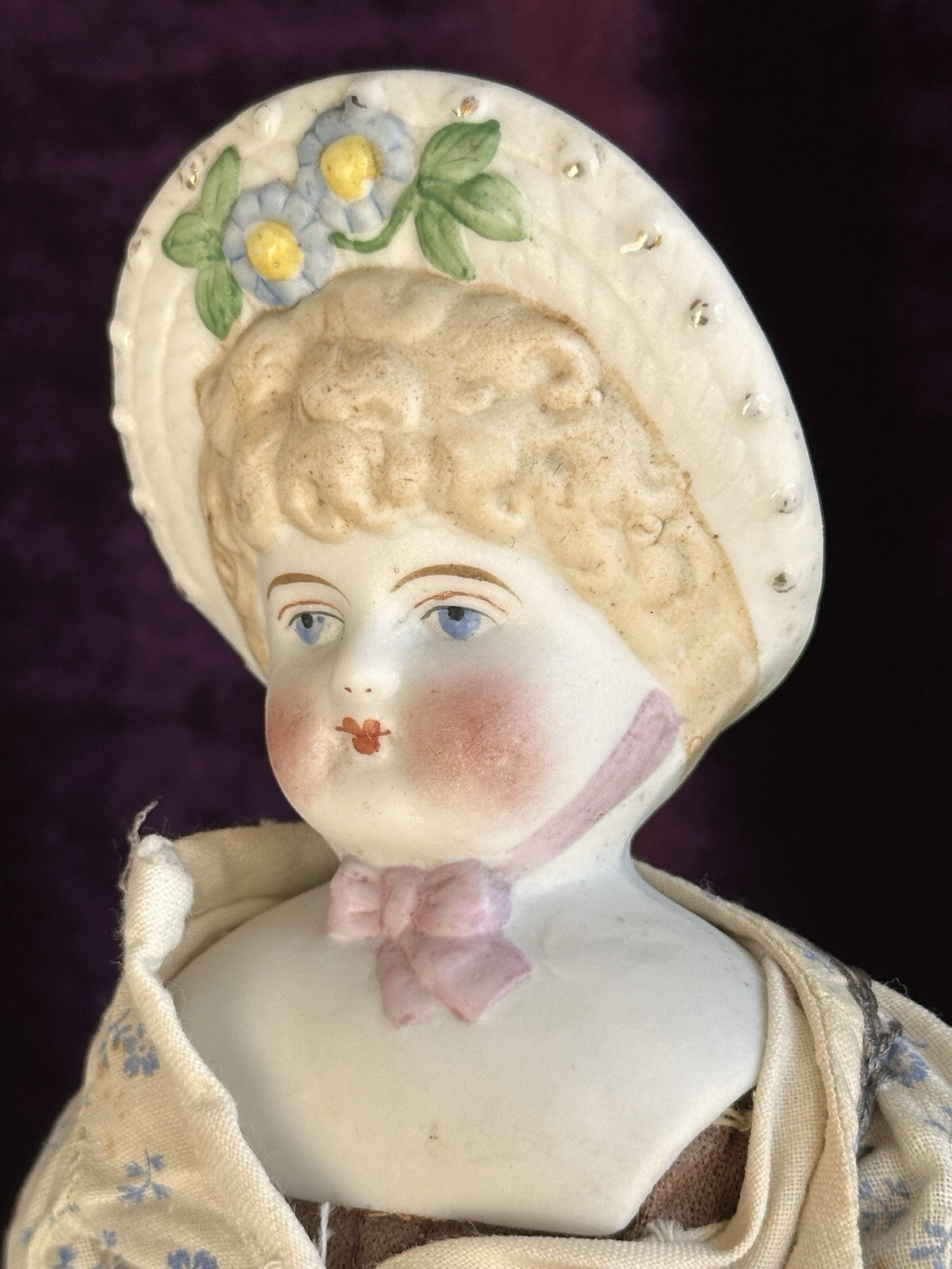 Antique German 12” Hertwig Molded Bonnet Parian Bisque Head China Doll
