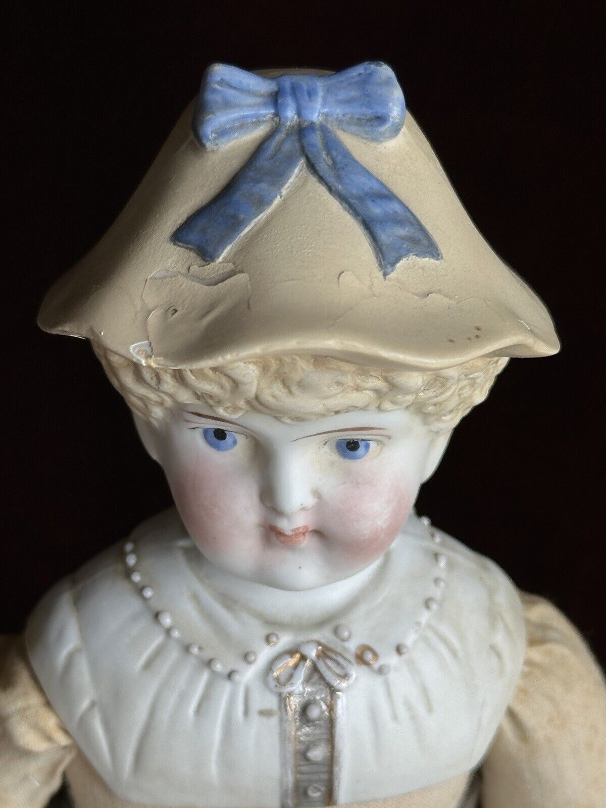 Antique German Hertwig 14” Molded Hat Parian Bisque Shoulder Head Doll