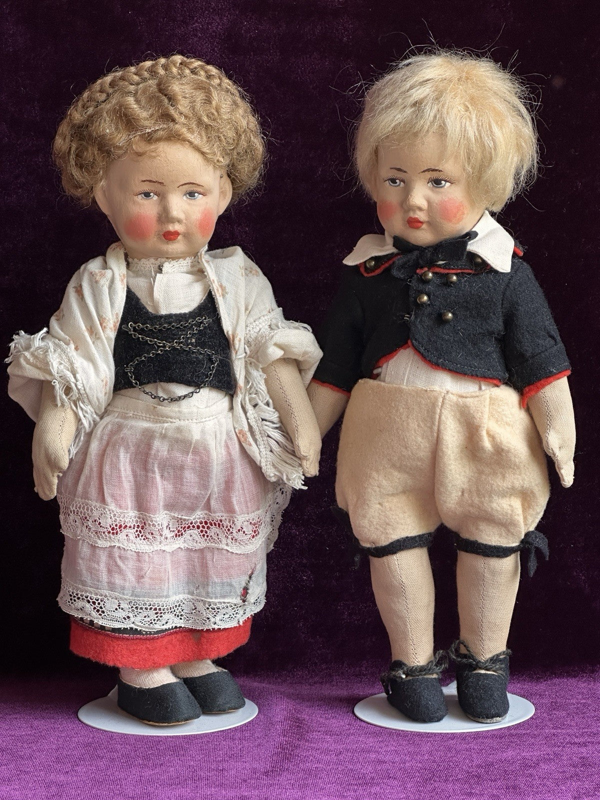 Lot of 2 Antique German 10” Gebruder Bing Cloth Boy and Girl Dolls