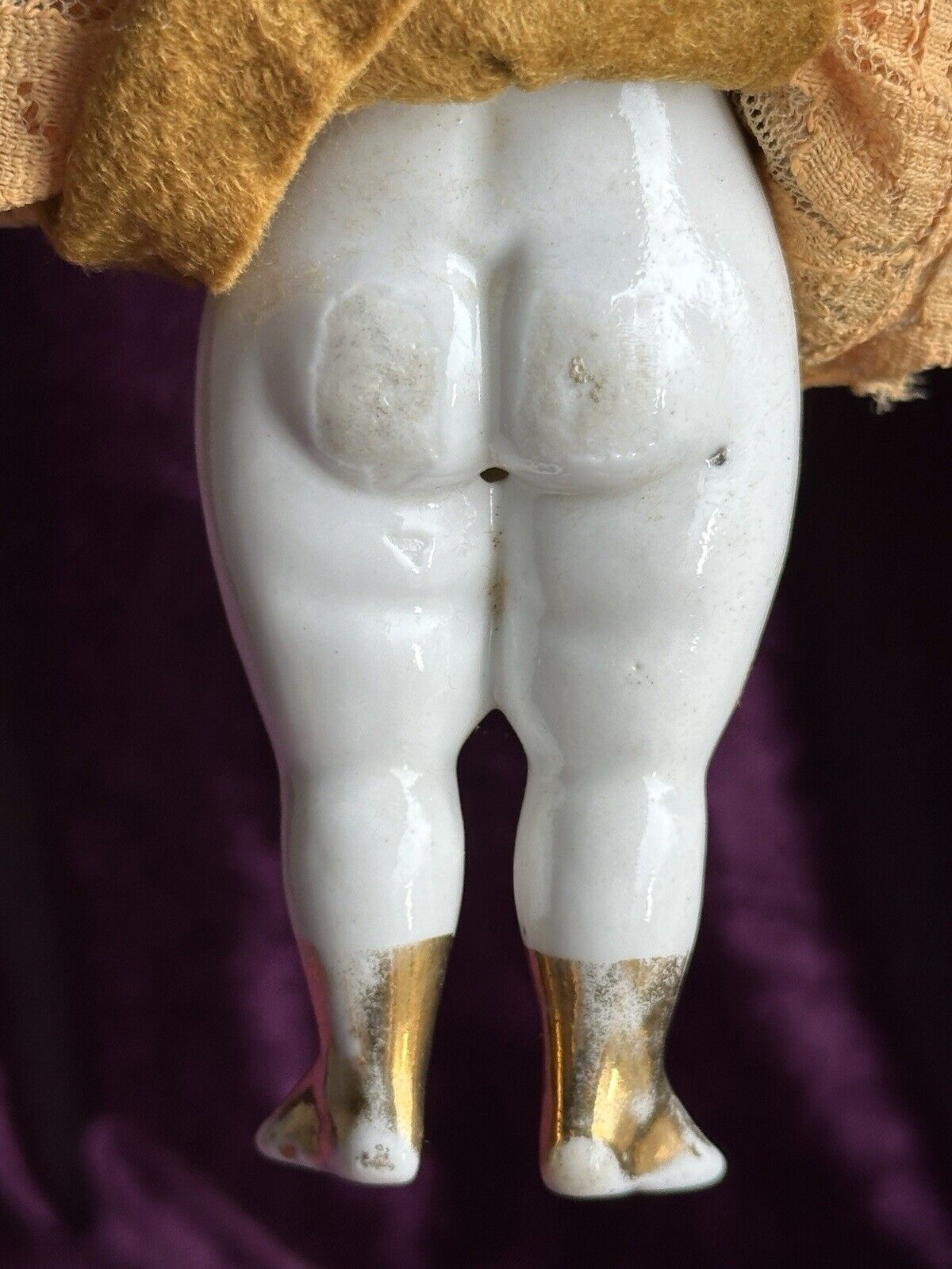 Rare Antique German 6.75” Frozen Charlotte Painted Gold Molded Bow Doll