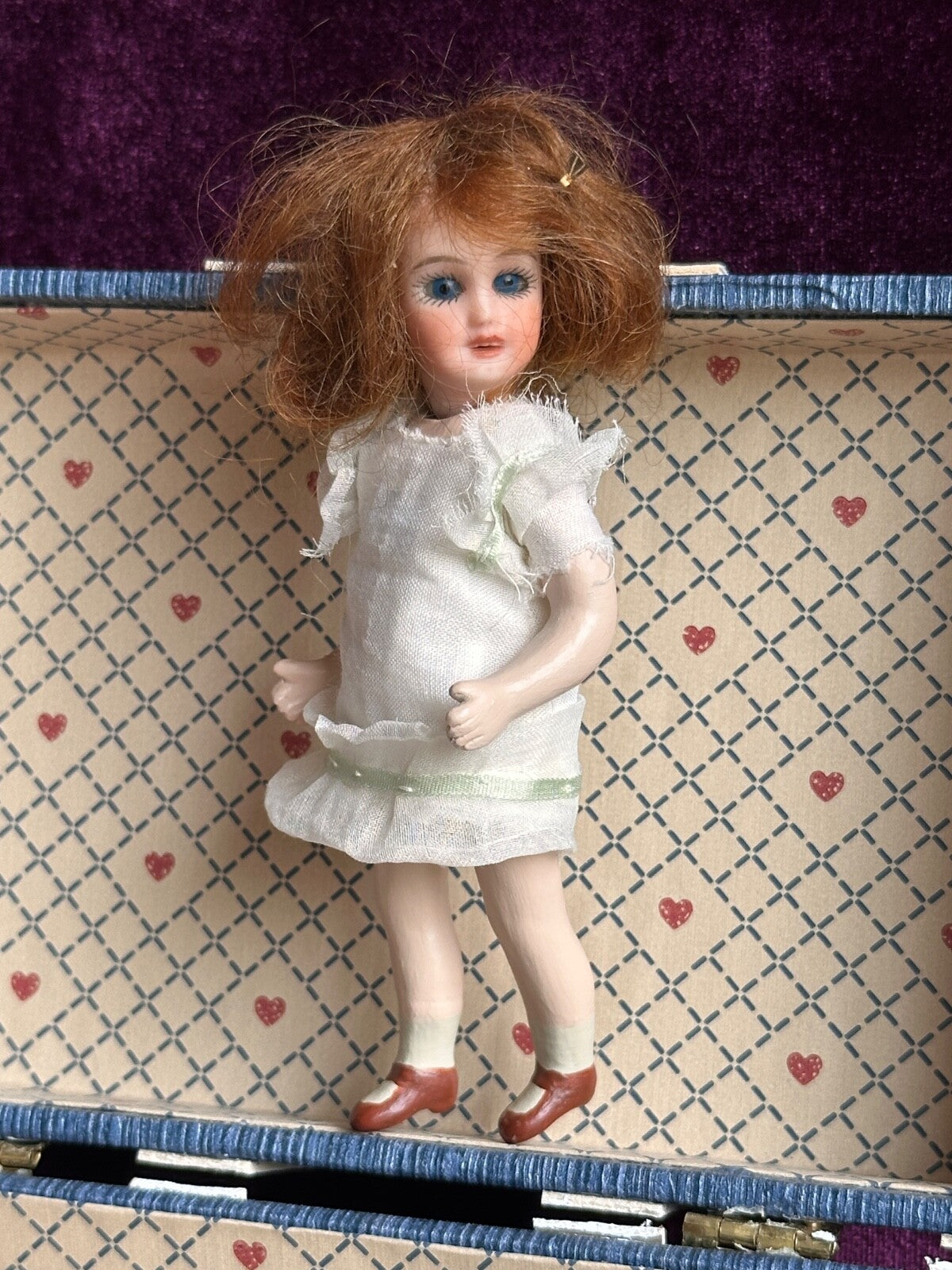 Miniature 4.5” Reproduction of French Bleuette Dollhouse Doll in Trunk + Extra