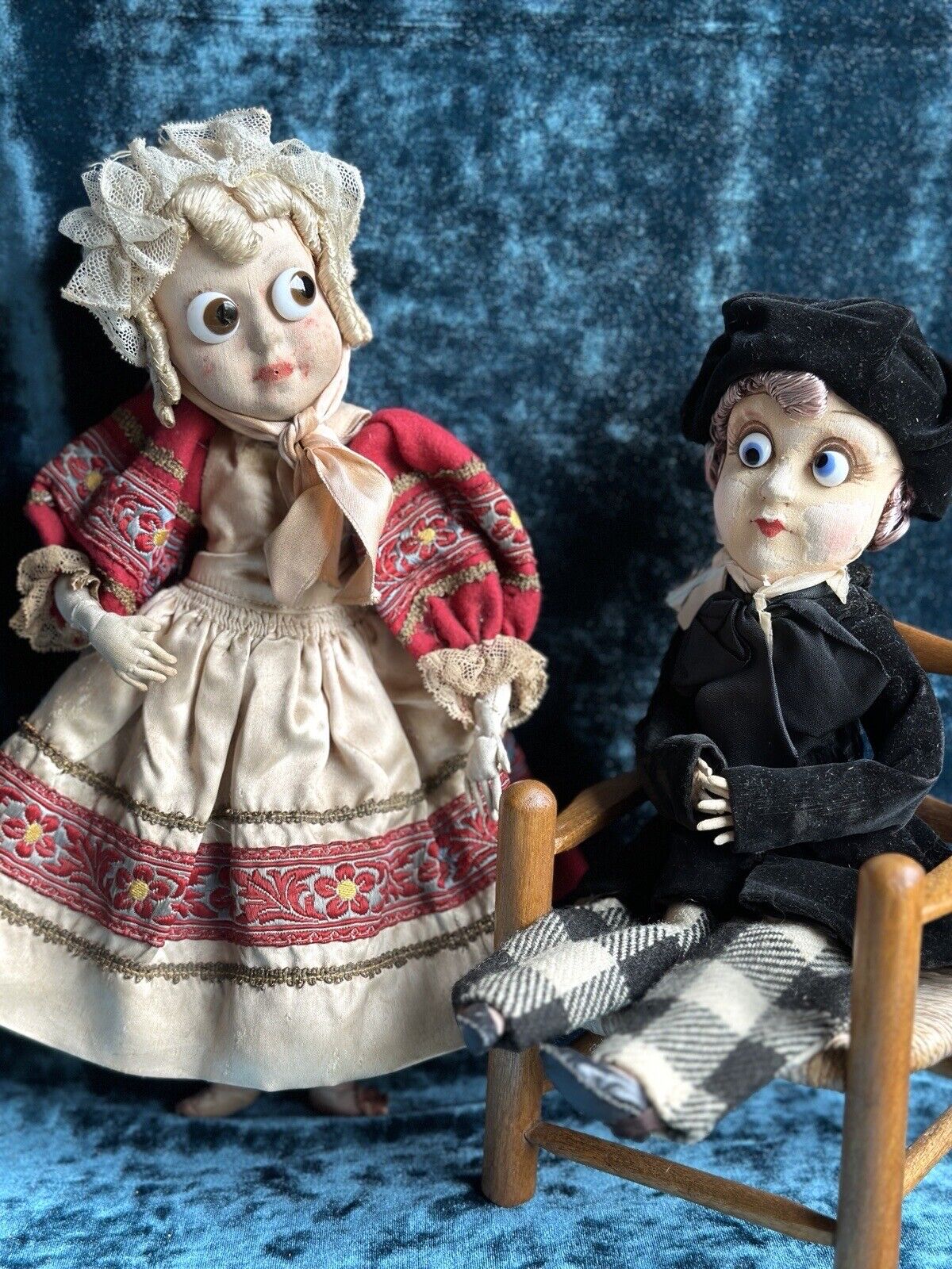 Pair of Rare 13” Antique French Calvaire Cloth Googly Eyes Dolls