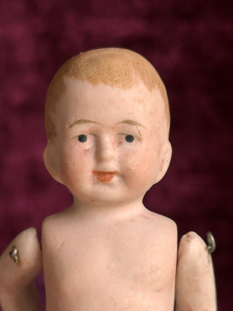 Antique German Miniature All Bisque Limbach Baby Doll in Victorian Pram/Carriage