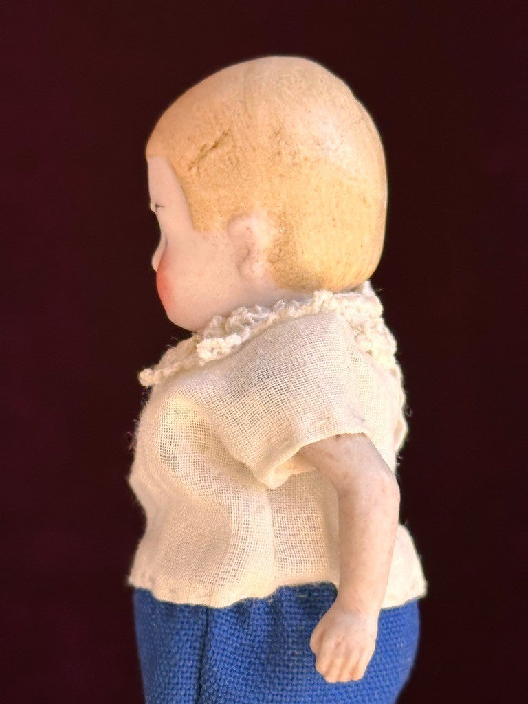 Antique German 4.375” All Bisque Boy Doll with Molded Hair