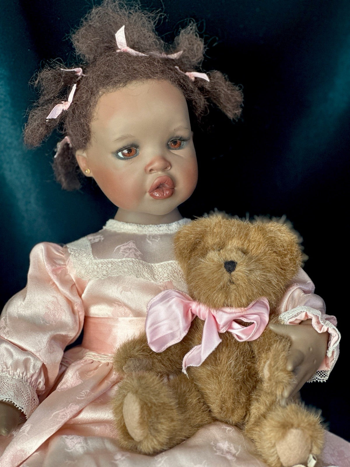 Collectible Porcelain Artist Dark Complexion 21” Baby Doll With Teddy Bear