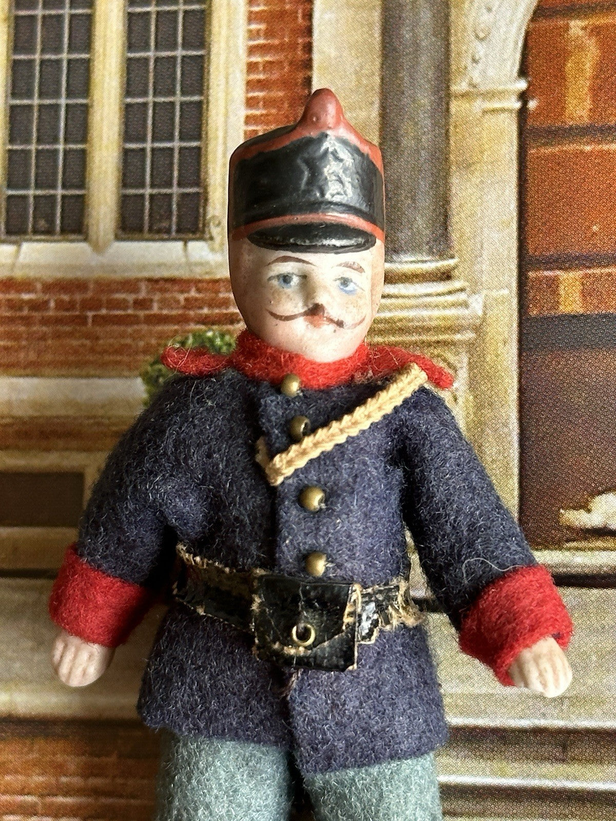 Antique German Bisque 2.875” Soldier Molded Hat Miniature Dollhouse Soldier Doll