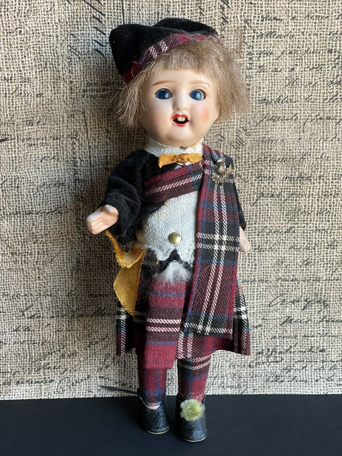 Antique German (?) 8” All Bisque Scottish Boy Doll in Original Box