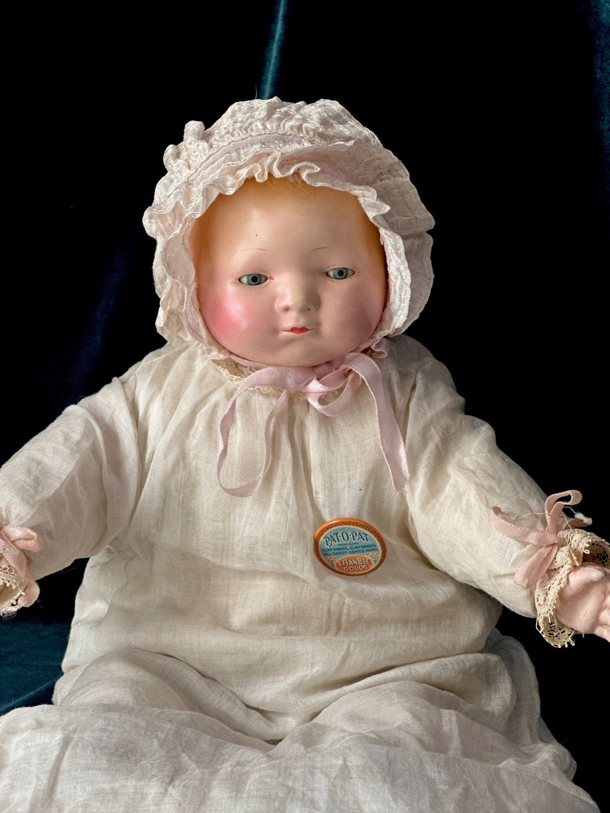 Rare Antique 1920’s Effanbee Composition 14” Doll Pat-O-Pat Tagged Outfit & Pin